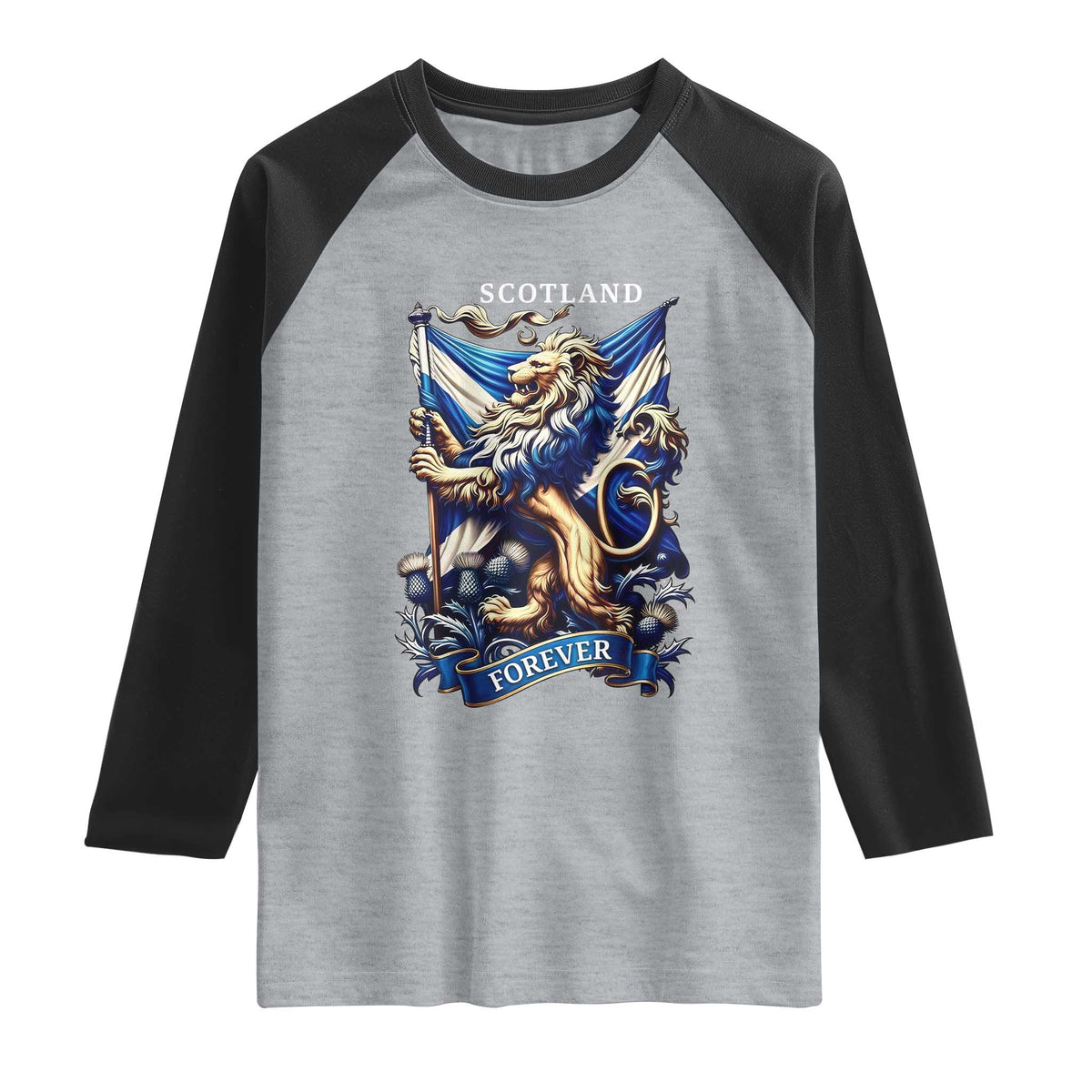 Scotland Forever Majestic Lion Rampant Holding Saltire Flag With Thistles Graphic Raglan Shirt