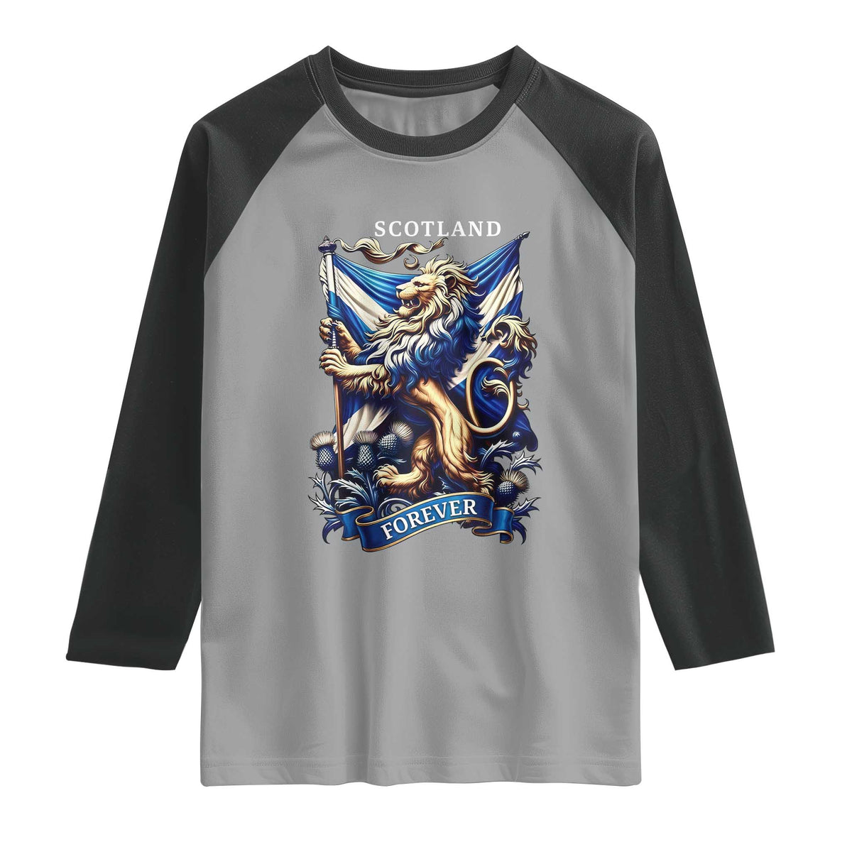 Scotland Forever Majestic Lion Rampant Holding Saltire Flag With Thistles Graphic Raglan Shirt