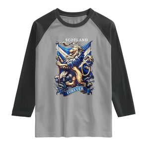 Scotland Forever Majestic Lion Rampant Holding Saltire Flag With Thistles Graphic Raglan Shirt