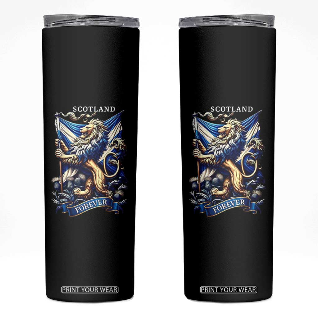 Scotland Forever Majestic Lion Rampant Holding Saltire Flag With Thistles Graphic Skinny Tumbler