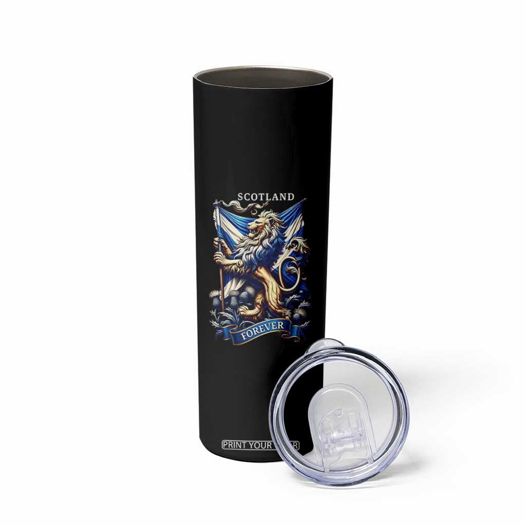Scotland Forever Majestic Lion Rampant Holding Saltire Flag With Thistles Graphic Skinny Tumbler