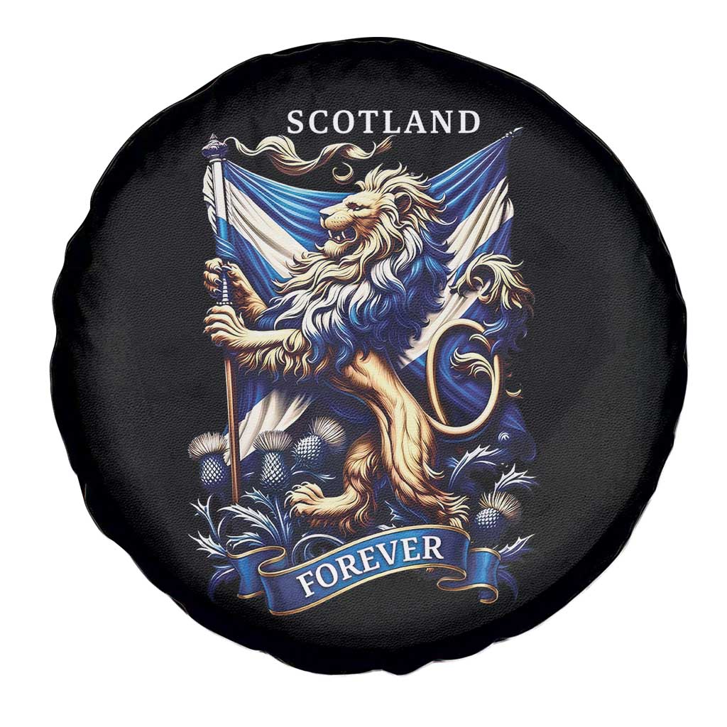 Scotland Forever Majestic Lion Rampant Holding Saltire Flag With Thistles Graphic Spare Tire Cover