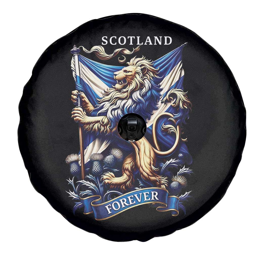 Scotland Forever Majestic Lion Rampant Holding Saltire Flag With Thistles Graphic Spare Tire Cover