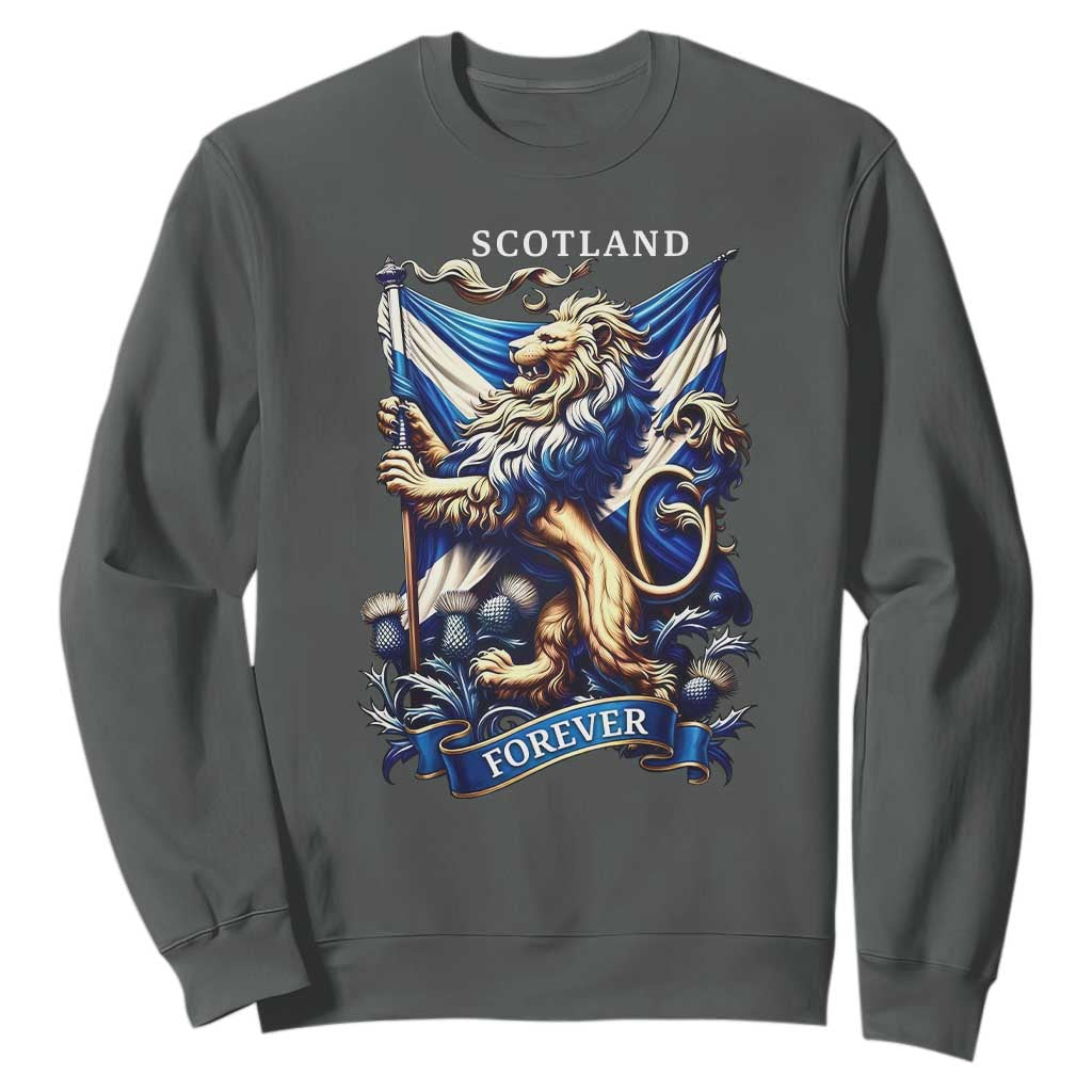 Scotland Forever Majestic Lion Rampant Holding Saltire Flag With Thistles Graphic Sweatshirt