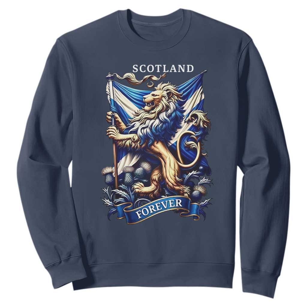 Scotland Forever Majestic Lion Rampant Holding Saltire Flag With Thistles Graphic Sweatshirt