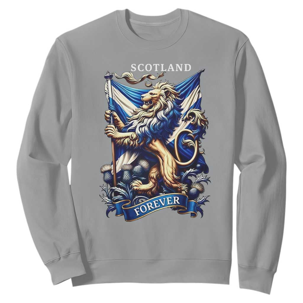Scotland Forever Majestic Lion Rampant Holding Saltire Flag With Thistles Graphic Sweatshirt