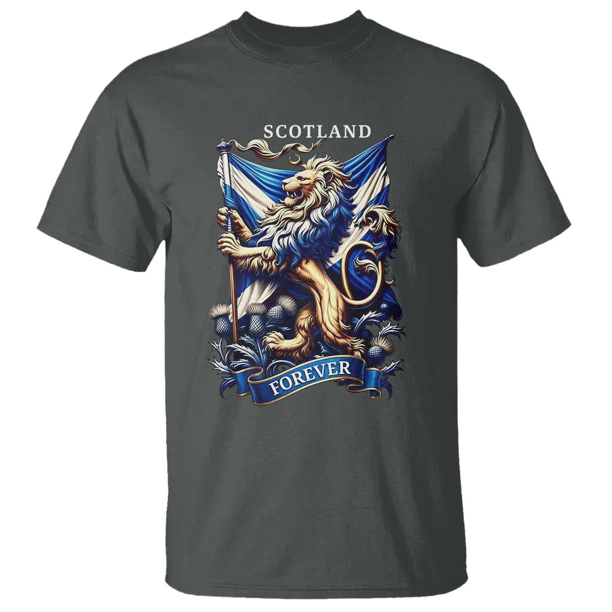 Scotland Forever Majestic Lion Rampant Holding Saltire Flag With Thistles Graphic T Shirt