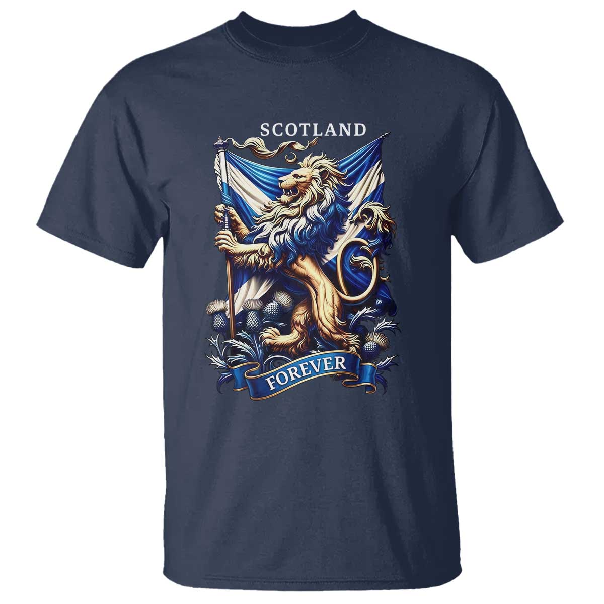Scotland Forever Majestic Lion Rampant Holding Saltire Flag With Thistles Graphic T Shirt