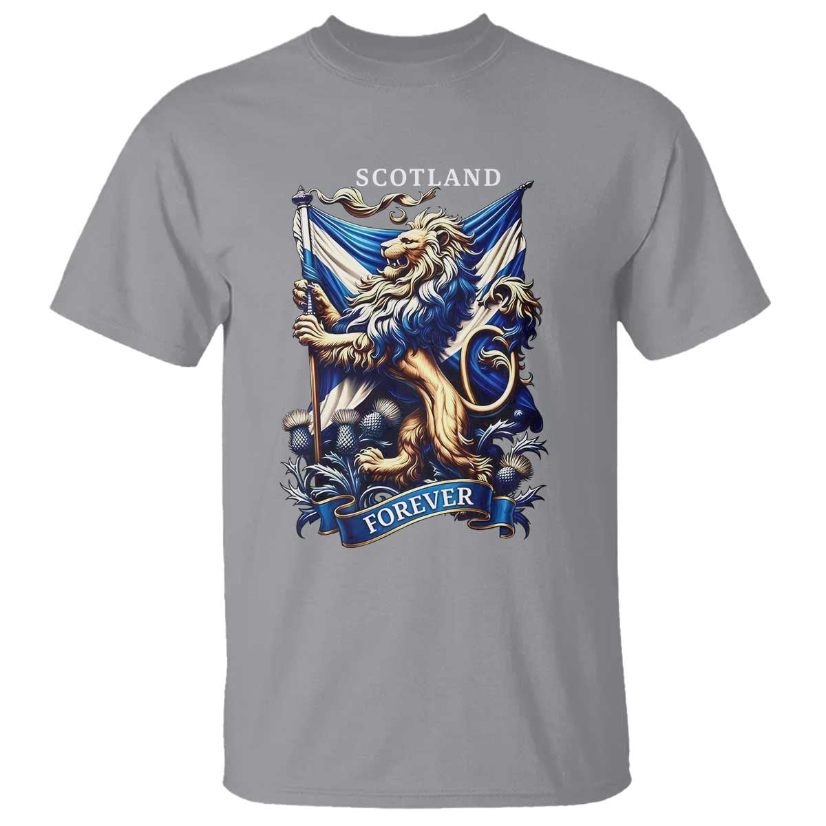 Scotland Forever Majestic Lion Rampant Holding Saltire Flag With Thistles Graphic T Shirt