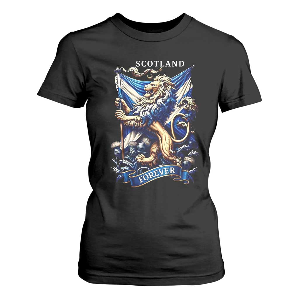Scotland Forever Majestic Lion Rampant Holding Saltire Flag With Thistles Graphic T Shirt For Women