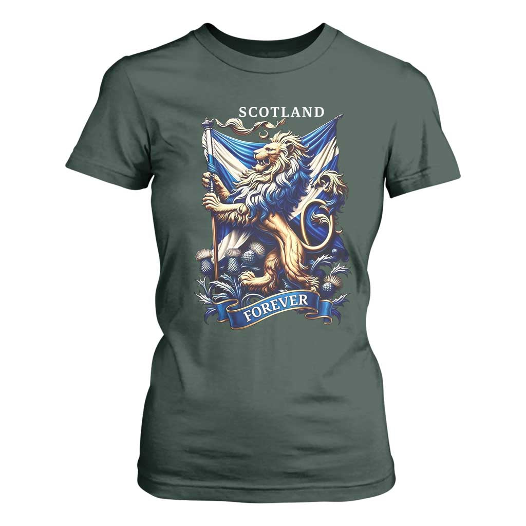 Scotland Forever Majestic Lion Rampant Holding Saltire Flag With Thistles Graphic T Shirt For Women