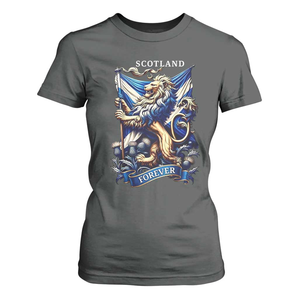 Scotland Forever Majestic Lion Rampant Holding Saltire Flag With Thistles Graphic T Shirt For Women