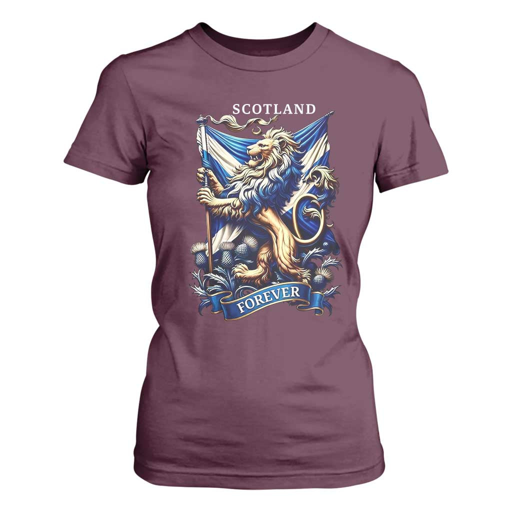 Scotland Forever Majestic Lion Rampant Holding Saltire Flag With Thistles Graphic T Shirt For Women