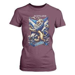 Scotland Forever Majestic Lion Rampant Holding Saltire Flag With Thistles Graphic T Shirt For Women