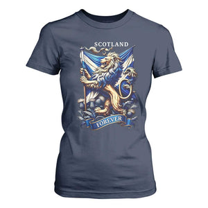 Scotland Forever Majestic Lion Rampant Holding Saltire Flag With Thistles Graphic T Shirt For Women