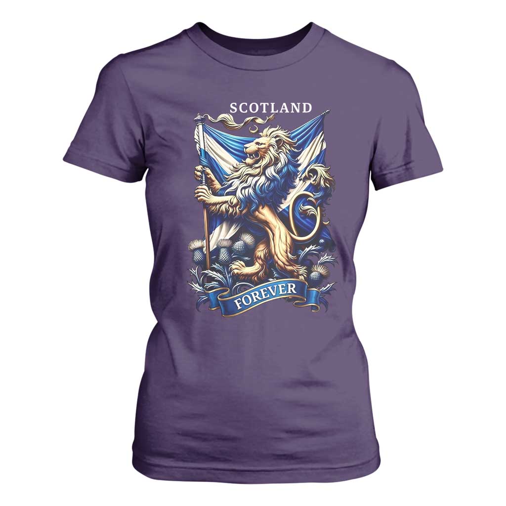 Scotland Forever Majestic Lion Rampant Holding Saltire Flag With Thistles Graphic T Shirt For Women