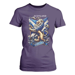 Scotland Forever Majestic Lion Rampant Holding Saltire Flag With Thistles Graphic T Shirt For Women