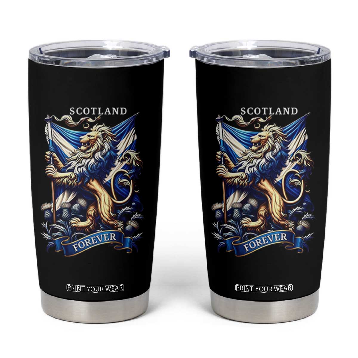Scotland Forever Majestic Lion Rampant Holding Saltire Flag With Thistles Graphic Tumbler Cup