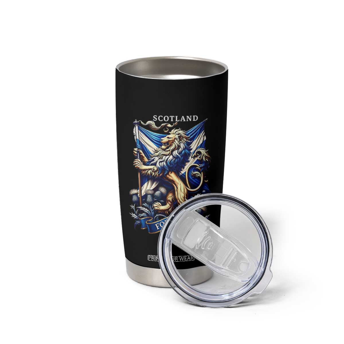 Scotland Forever Majestic Lion Rampant Holding Saltire Flag With Thistles Graphic Tumbler Cup