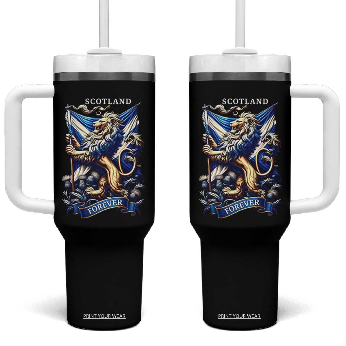 Scotland Forever Majestic Lion Rampant Holding Saltire Flag With Thistles Graphic Tumbler With Handle