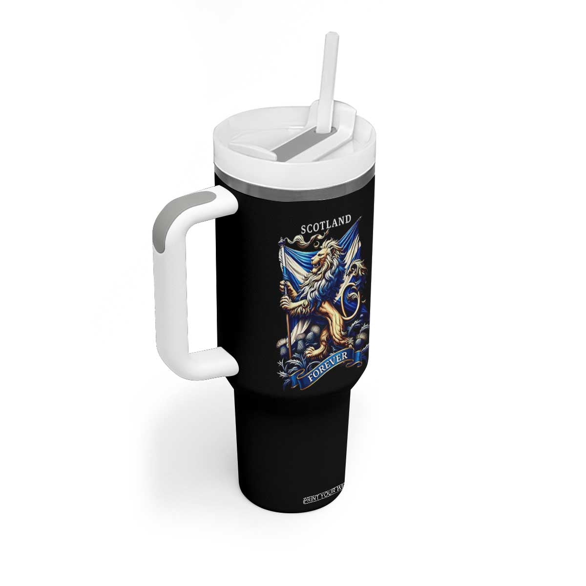Scotland Forever Majestic Lion Rampant Holding Saltire Flag With Thistles Graphic Tumbler With Handle