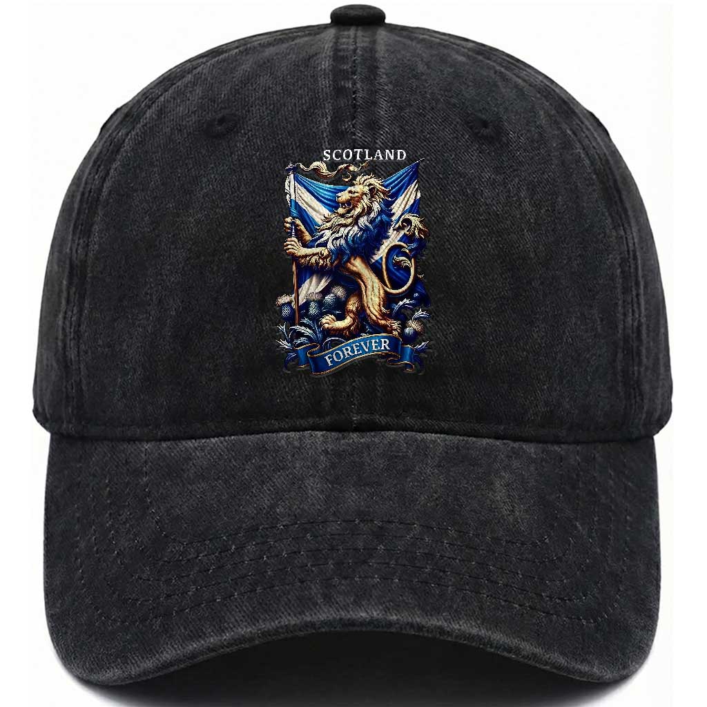 Scotland Forever Majestic Lion Rampant Holding Saltire Flag With Thistles Graphic Washed Cotton Baseball Cap TS02 Print Your Wear
