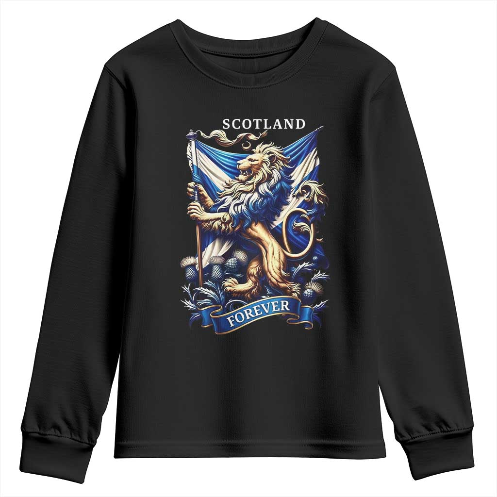 Scotland Forever Majestic Lion Rampant Holding Saltire Flag With Thistles Graphic Youth Sweatshirt