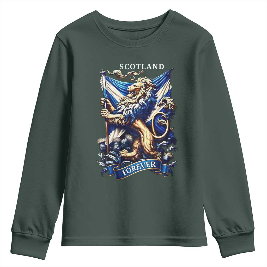 Scotland Forever Majestic Lion Rampant Holding Saltire Flag With Thistles Graphic Youth Sweatshirt