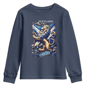 Scotland Forever Majestic Lion Rampant Holding Saltire Flag With Thistles Graphic Youth Sweatshirt