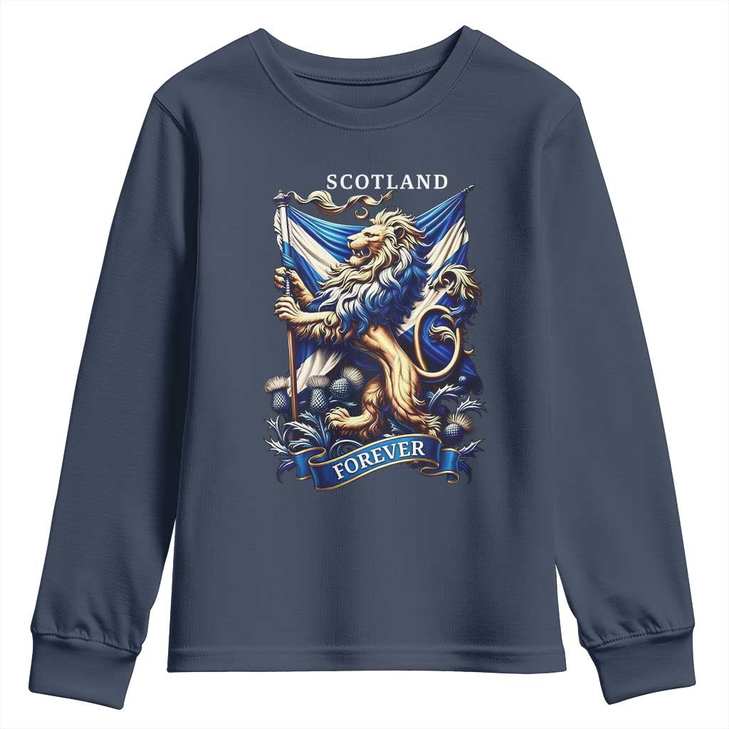 Scotland Forever Majestic Lion Rampant Holding Saltire Flag With Thistles Graphic Youth Sweatshirt TS02 Navy Print Your Wear