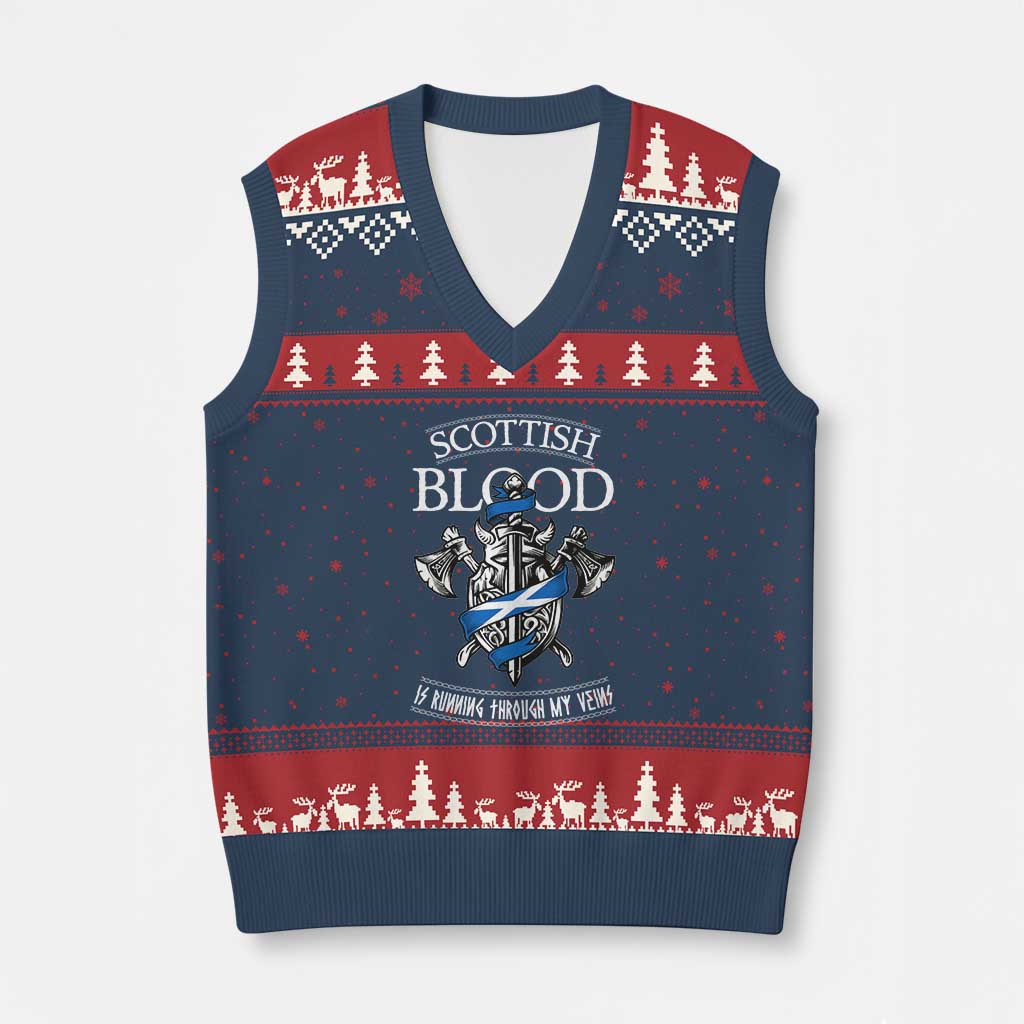 Scottish Blood Running Through My Veins V-Neck Knit Sweater Vest Viking Axe and Sword Heritage TS02 Navy Red Print Your Wear