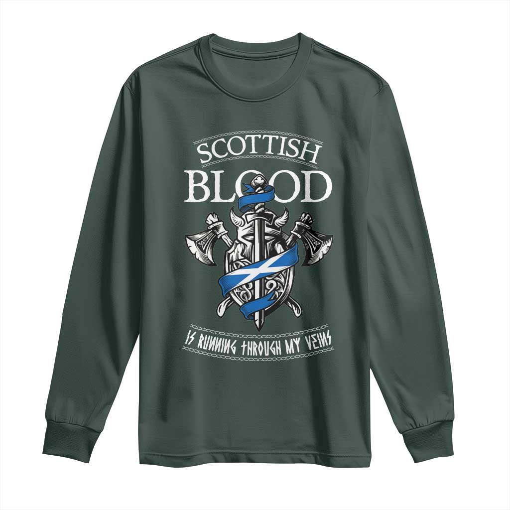 Scottish Blood Running Through My Veins Long Sleeve Shirt Viking Axe and Sword Heritage TS02 Dark Forest Green Print Your Wear