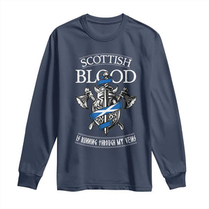 Scottish Blood Running Through My Veins Long Sleeve Shirt Viking Axe and Sword Heritage TS02 Navy Print Your Wear