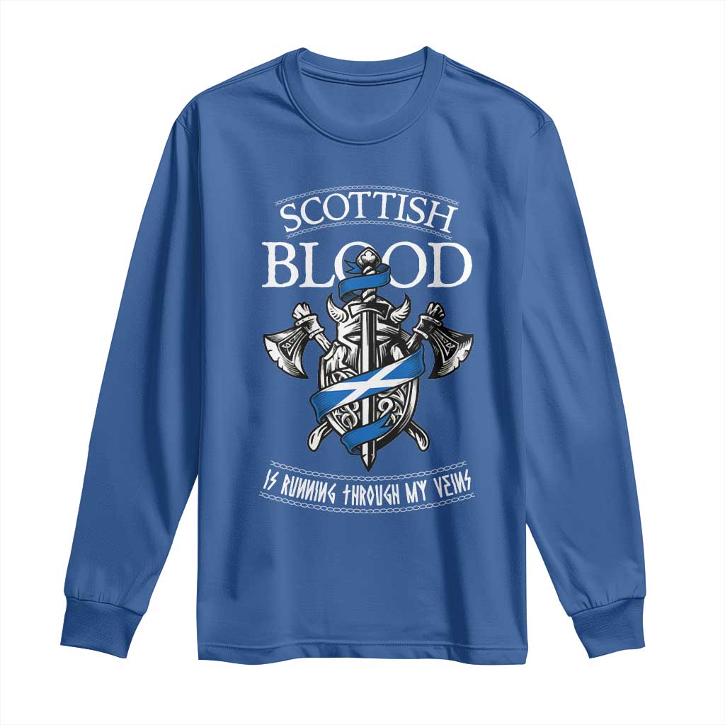 Scottish Blood Running Through My Veins Long Sleeve Shirt Viking Axe and Sword Heritage TS02 Royal Blue Print Your Wear