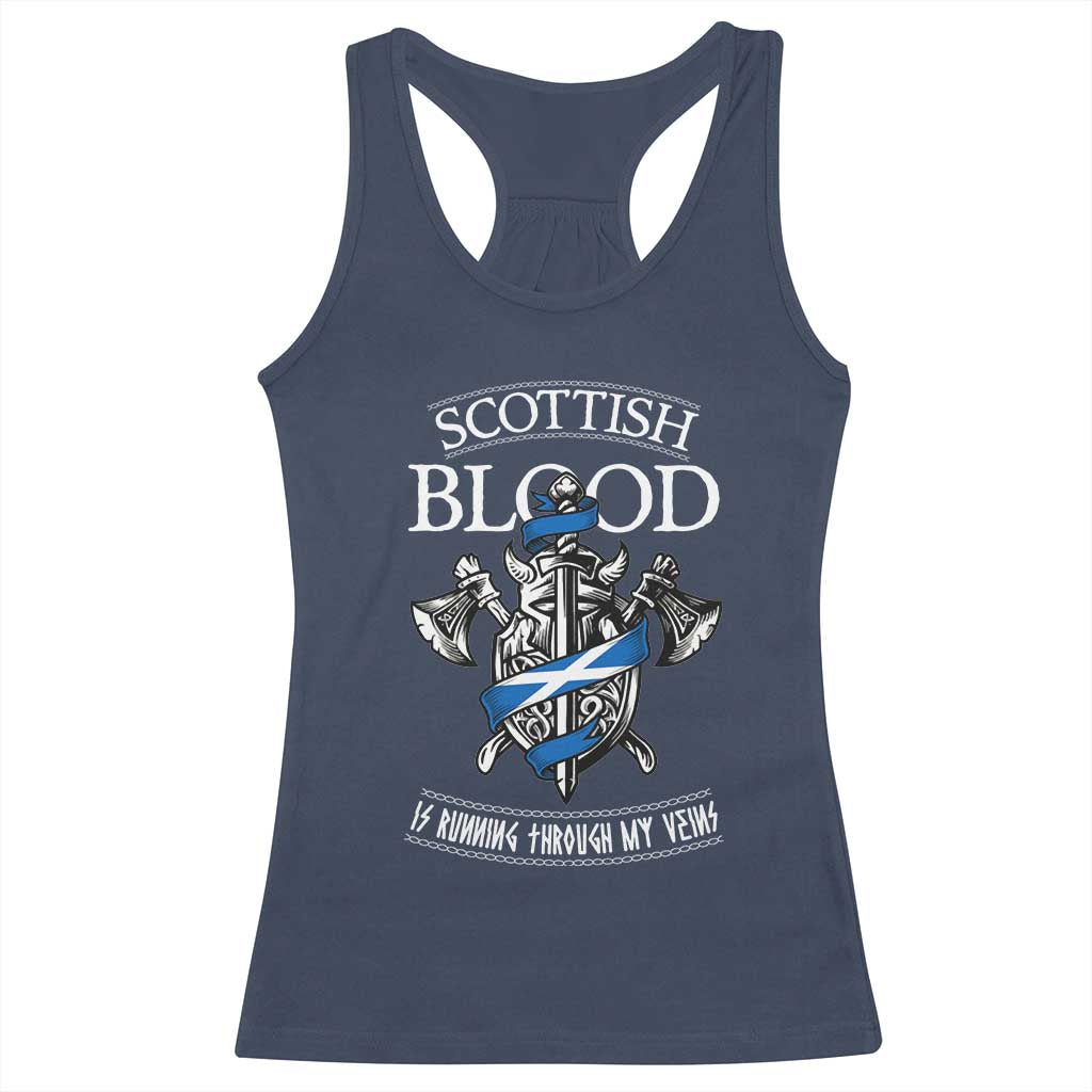 Scottish Blood Running Through My Veins Racerback Tank Top Viking Axe and Sword Heritage TS02 Navy Print Your Wear