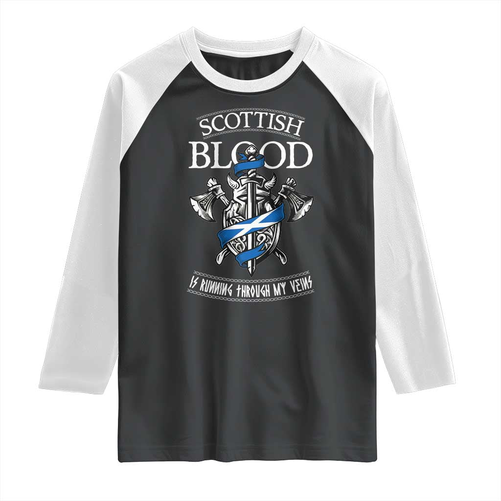 Scottish Blood Running Through My Veins Raglan Shirt Viking Axe and Sword Heritage TS02 Black White Print Your Wear
