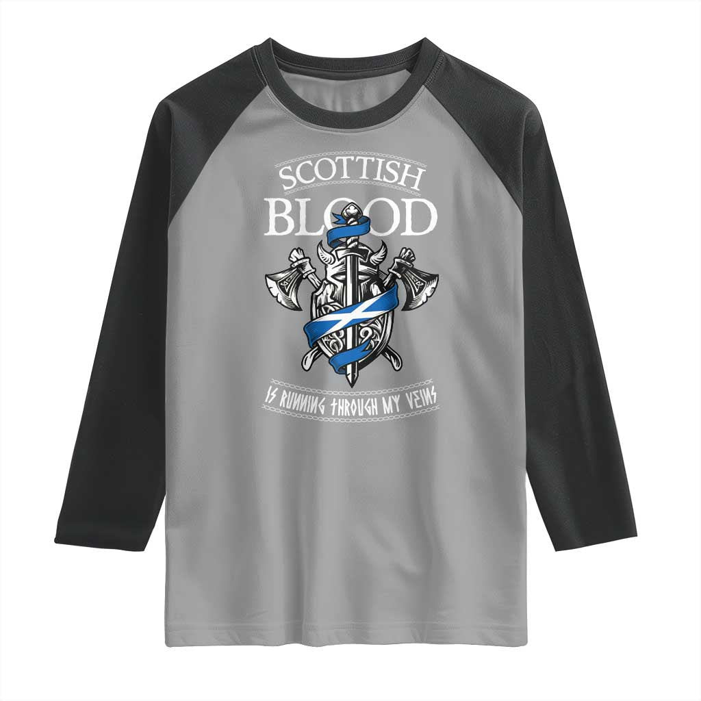 Scottish Blood Running Through My Veins Raglan Shirt Viking Axe and Sword Heritage TS02 Sport Gray Black Print Your Wear