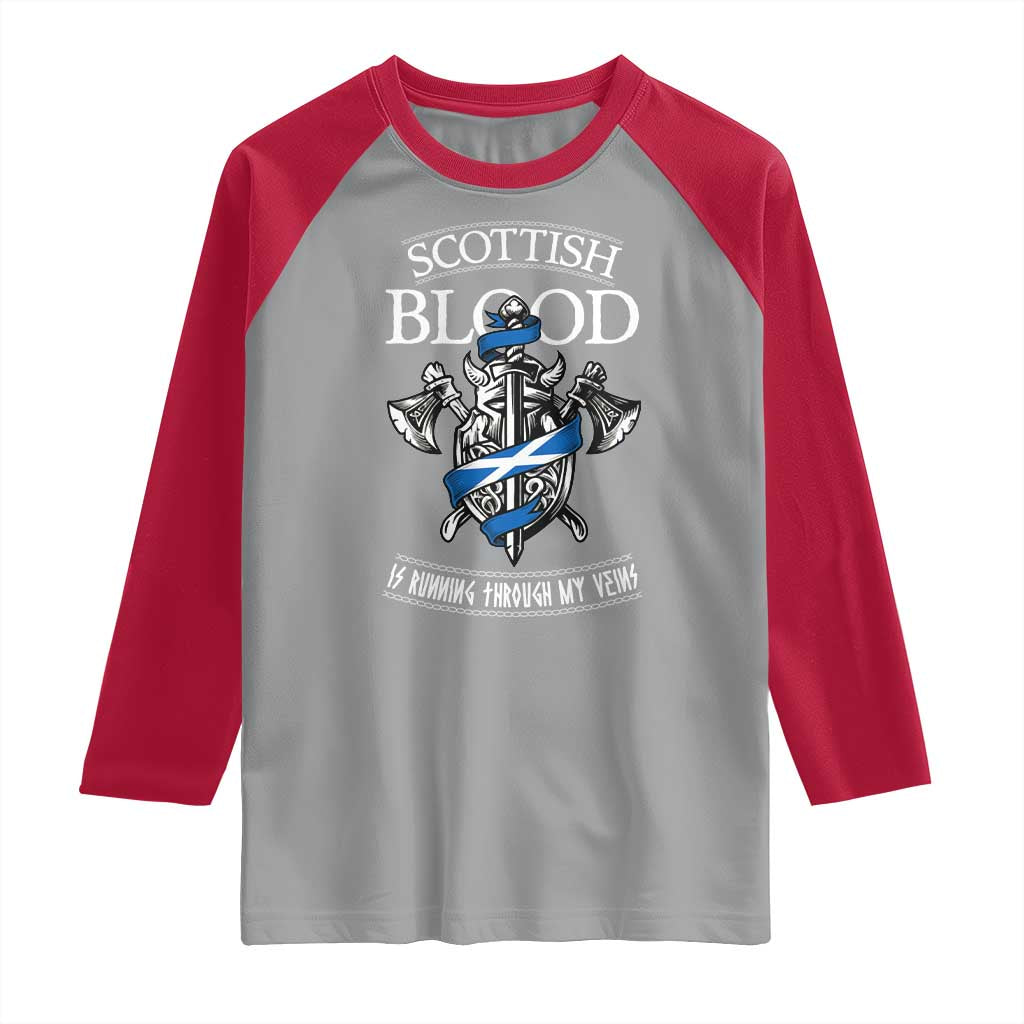 Scottish Blood Running Through My Veins Raglan Shirt Viking Axe and Sword Heritage TS02 Sport Gray Red Print Your Wear