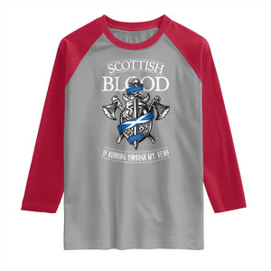 Scottish Blood Running Through My Veins Raglan Shirt Viking Axe and Sword Heritage TS02 Sport Gray Red Print Your Wear