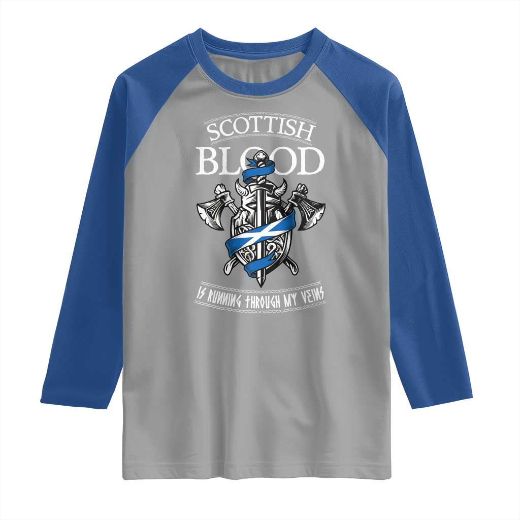 Scottish Blood Running Through My Veins Raglan Shirt Viking Axe and Sword Heritage TS02 Sport Gray Royal Print Your Wear