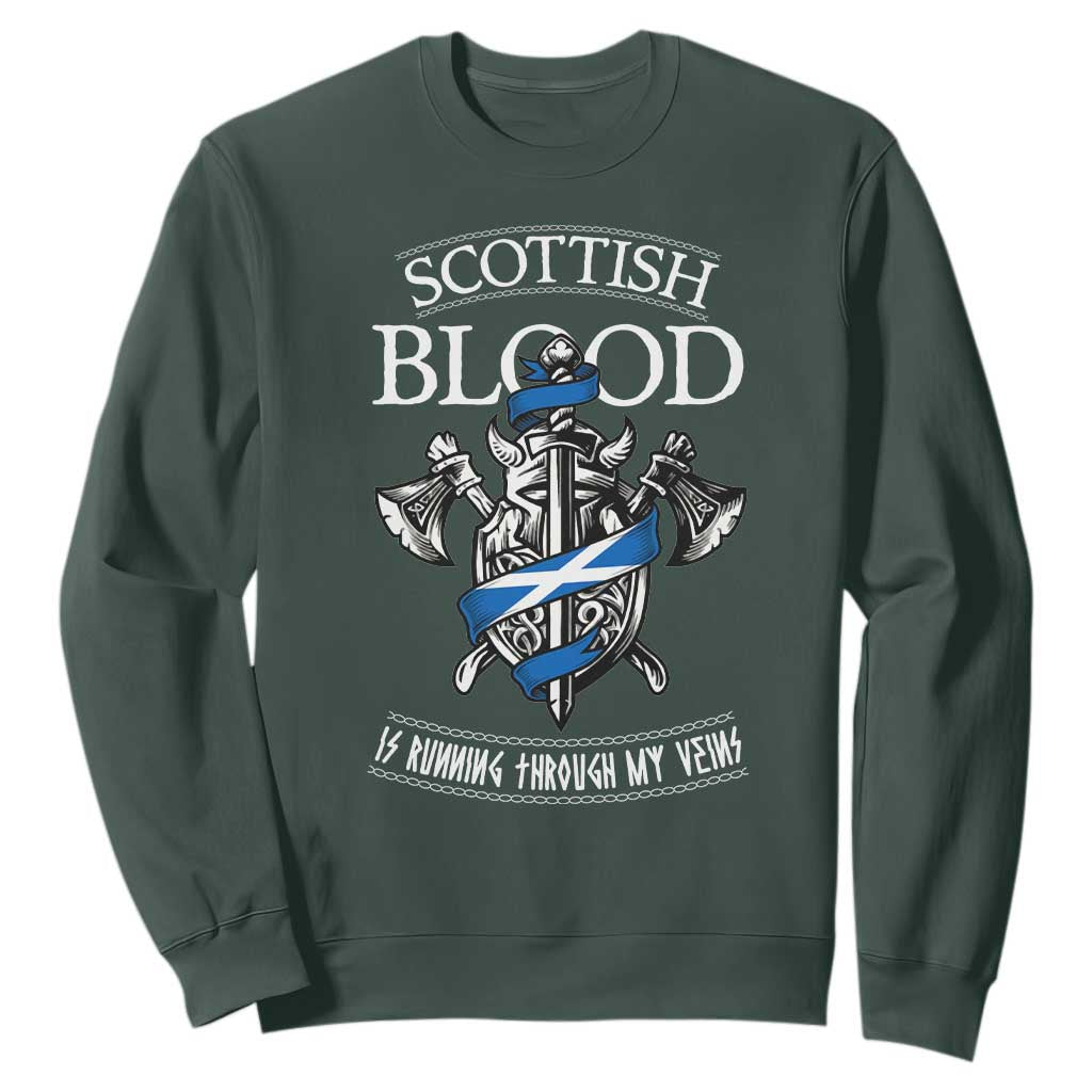 Scottish Blood Running Through My Veins Sweatshirt Viking Axe and Sword Heritage TS02 Dark Forest Green Print Your Wear