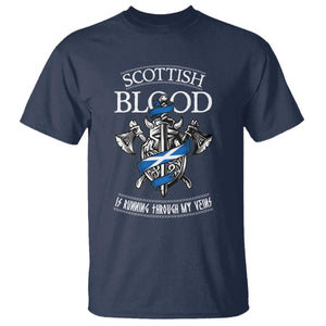 Scottish Blood Running Through My Veins T Shirt Viking Axe and Sword Heritage TS02 Navy Print Your Wear
