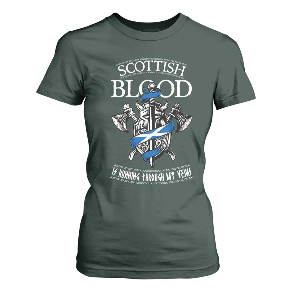Scottish Blood Running Through My Veins T Shirt For Women Viking Axe and Sword Heritage TS02 Dark Forest Green Print Your Wear