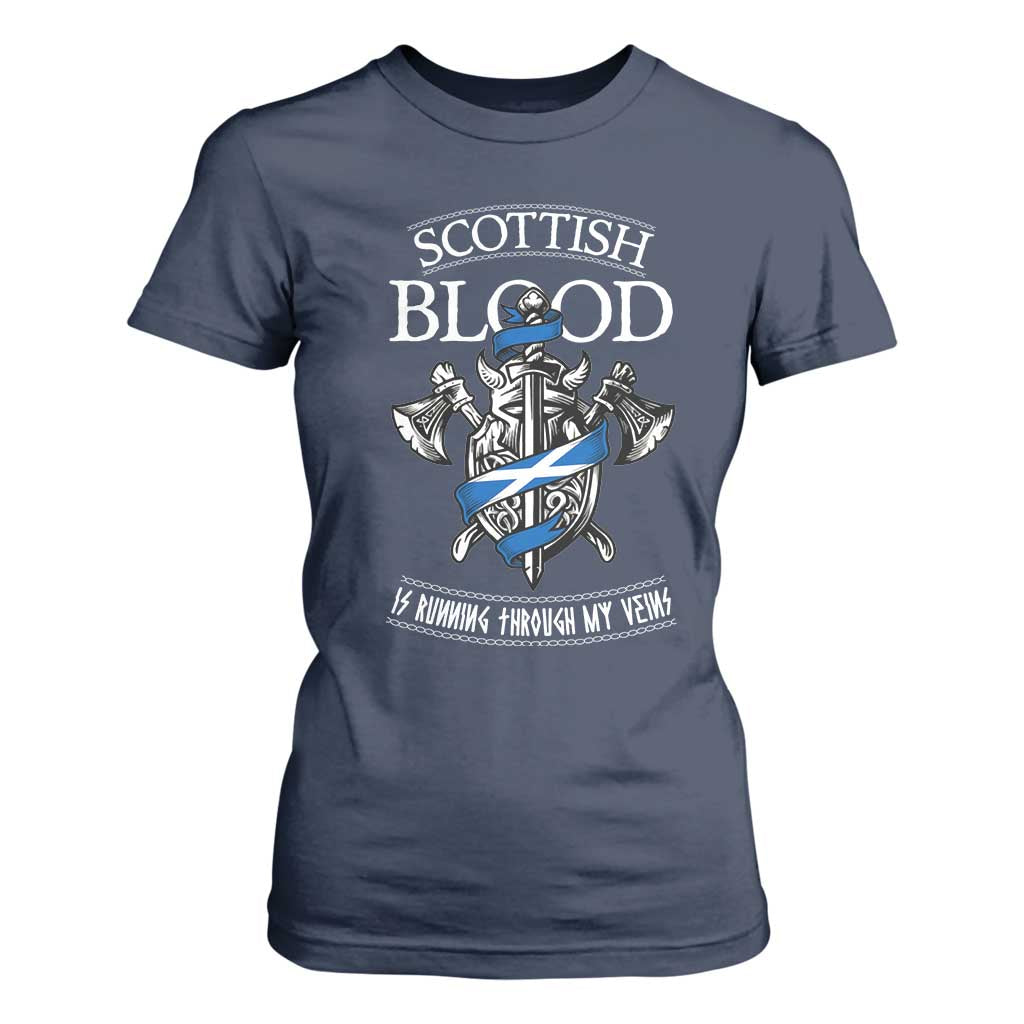 Scottish Blood Running Through My Veins T Shirt For Women Viking Axe and Sword Heritage TS02 Navy Print Your Wear
