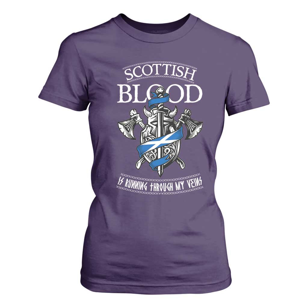 Scottish Blood Running Through My Veins T Shirt For Women Viking Axe and Sword Heritage TS02 Purple Print Your Wear