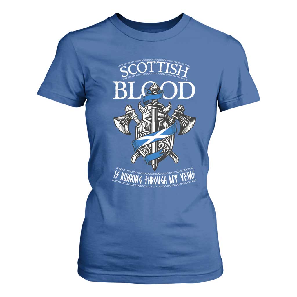 Scottish Blood Running Through My Veins T Shirt For Women Viking Axe and Sword Heritage TS02 Royal Blue Print Your Wear
