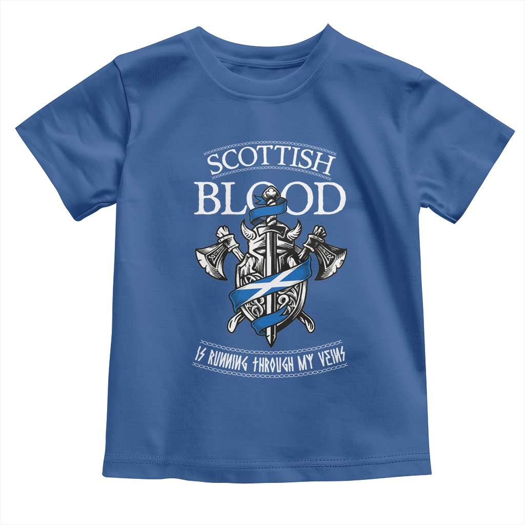 Scottish Blood Running Through My Veins Toddler T Shirt Viking Axe and Sword Heritage TS02 Royal Blue Print Your Wear
