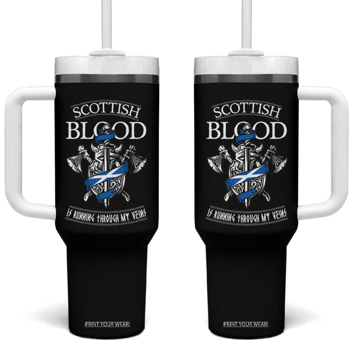Scottish Blood Running Through My Veins Tumbler With Handle Viking Axe and Sword Heritage TS02 One Size: 40 oz Black Print Your Wear