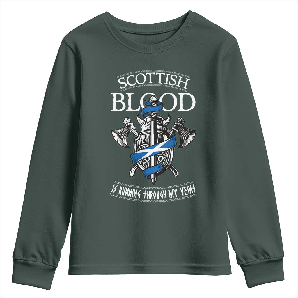 Scottish Blood Running Through My Veins Youth Sweatshirt Viking Axe and Sword Heritage TS02 Dark Forest Green Print Your Wear