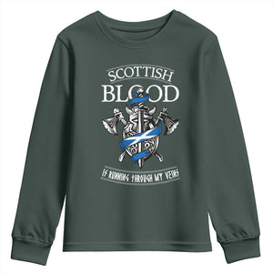 Scottish Blood Running Through My Veins Youth Sweatshirt Viking Axe and Sword Heritage TS02 Dark Forest Green Print Your Wear